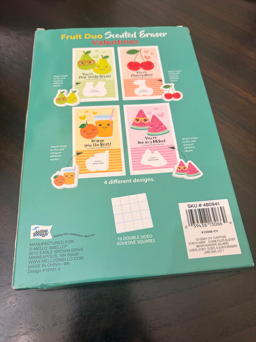 16 Scented Erasers Fruit Duo Valentines